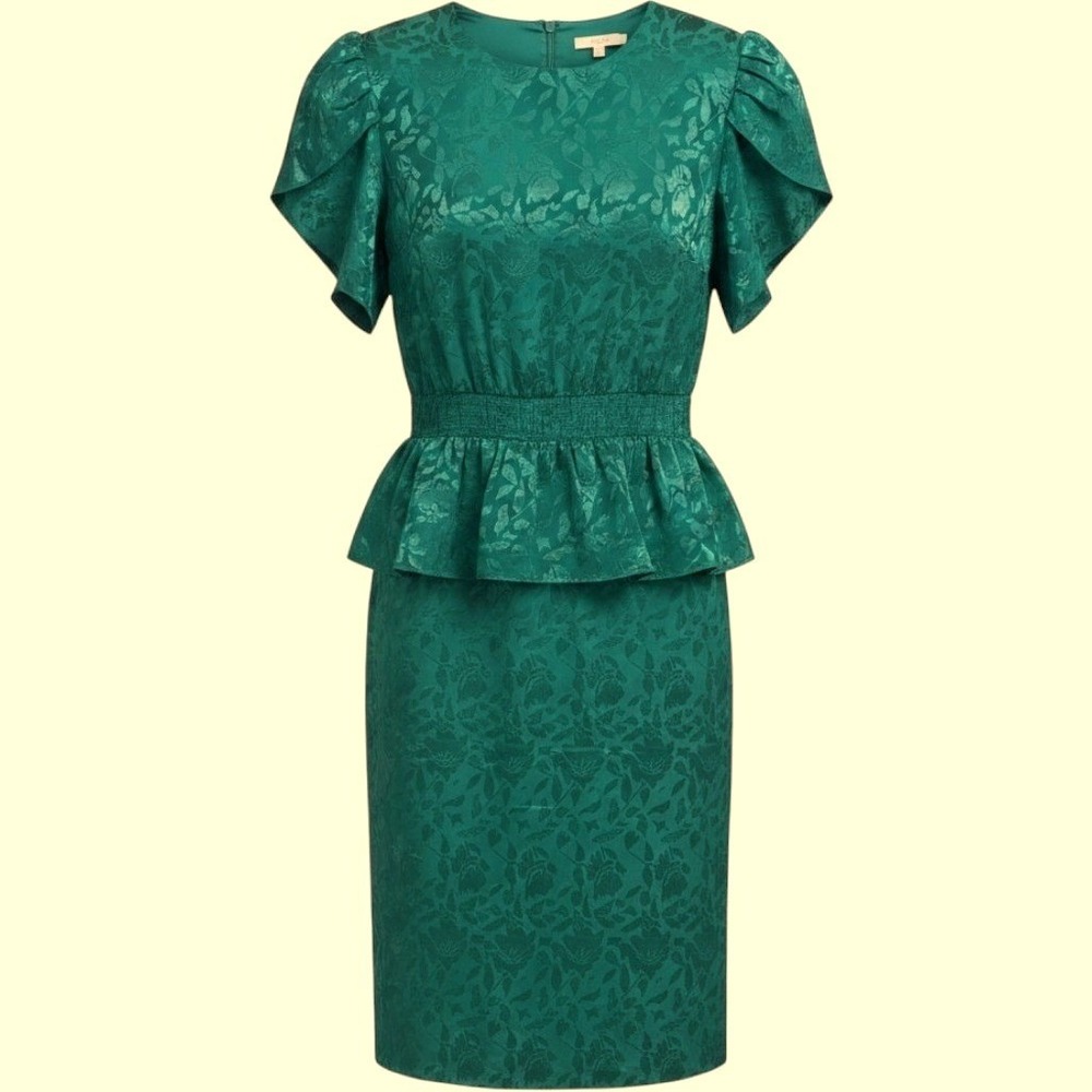 Vintage Dress‎ 80s Green Blue Jacquard Peplum Midi Samantha Black Medium